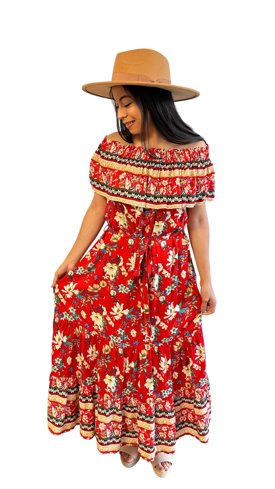 Red and Yellow Floral Printed Off Shoulder Maxi Dress