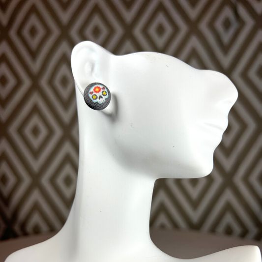 Skull Fabric Covered Button Earrings