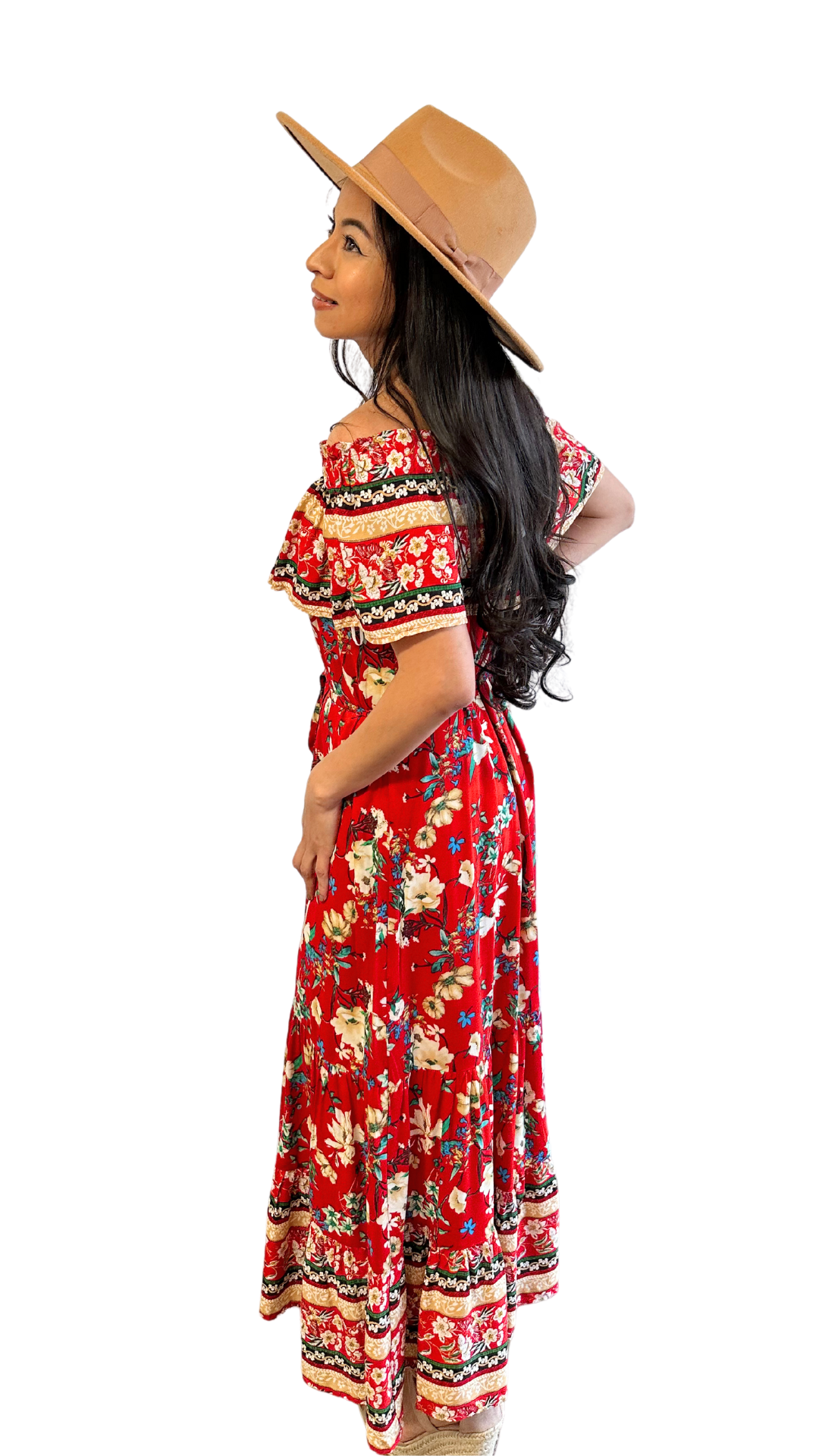 Red and Yellow Floral Printed Off Shoulder Maxi Dress