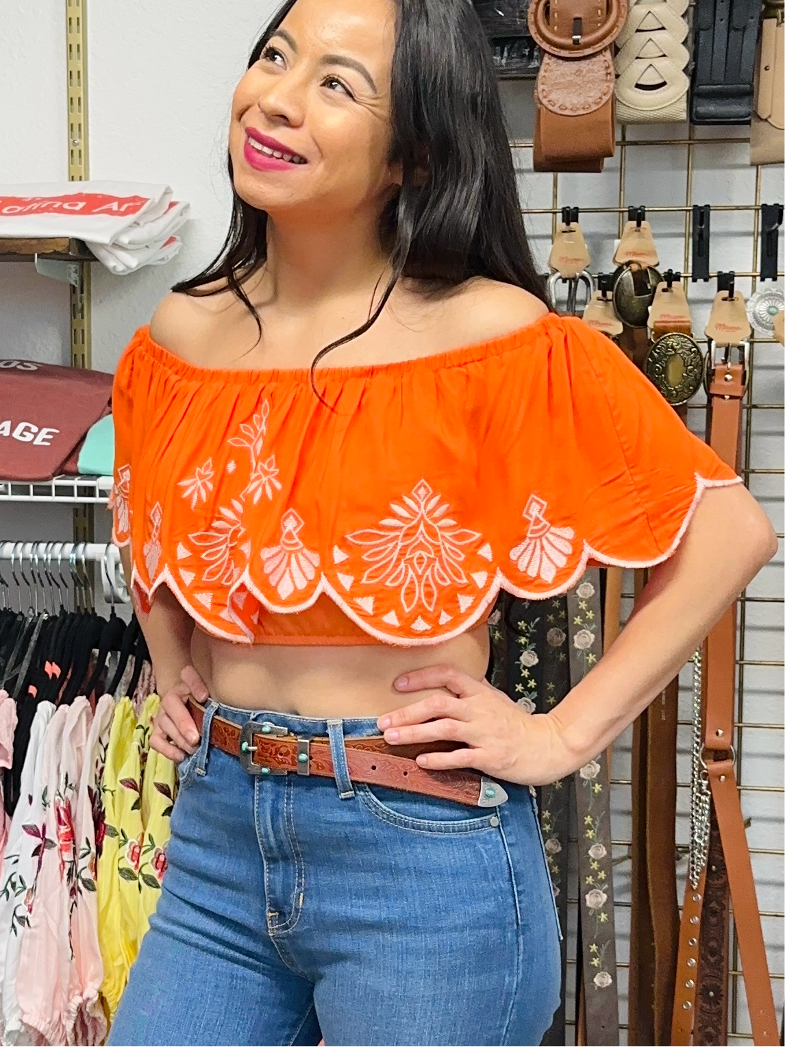 Embroidered Crop Top with off shoulder sleeves