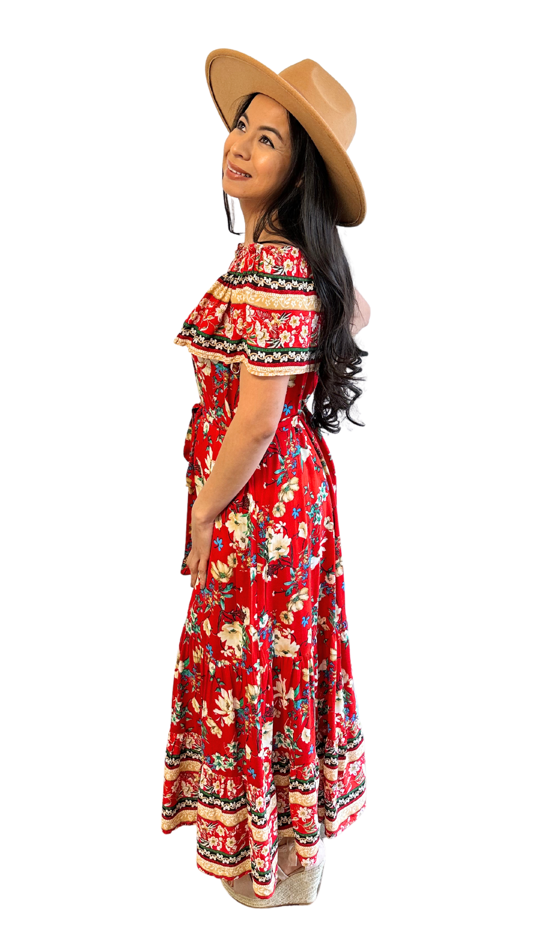 Red and Yellow Floral Printed Off Shoulder Maxi Dress