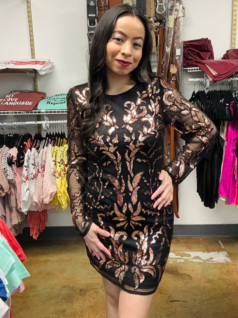black and gold sequin mini dress The Ivanka Long Sleeved Gold Sequin Mini Belted Dress Black ShopAA
