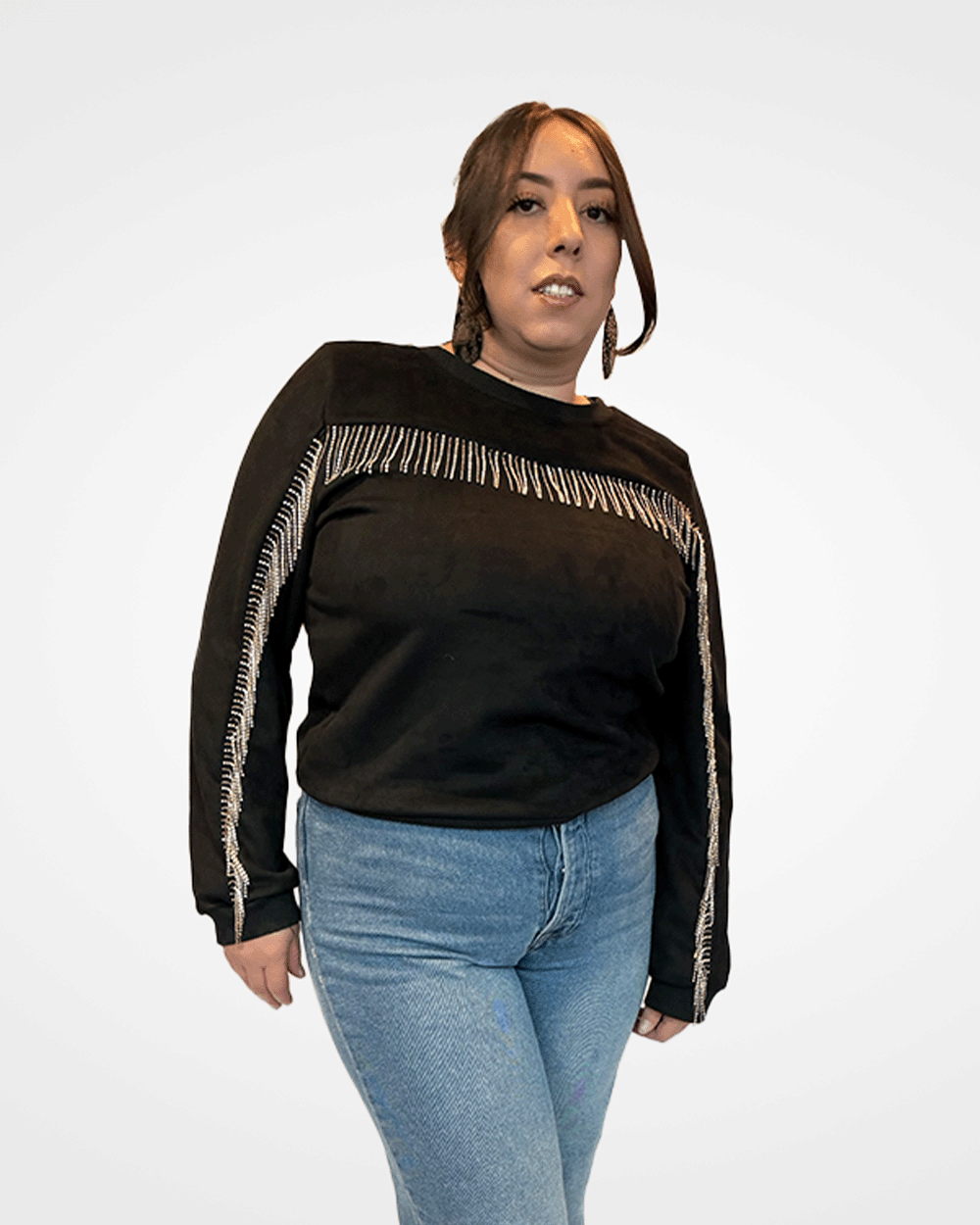 Black Suede Sweater with diamond fringe detail