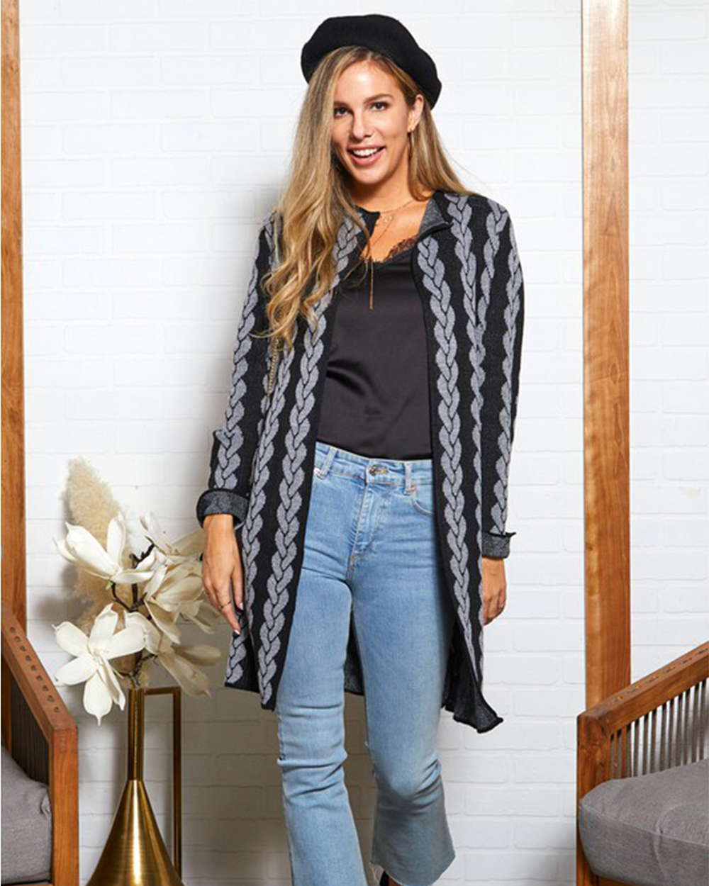 Gray and Black Long Knit Cardigan