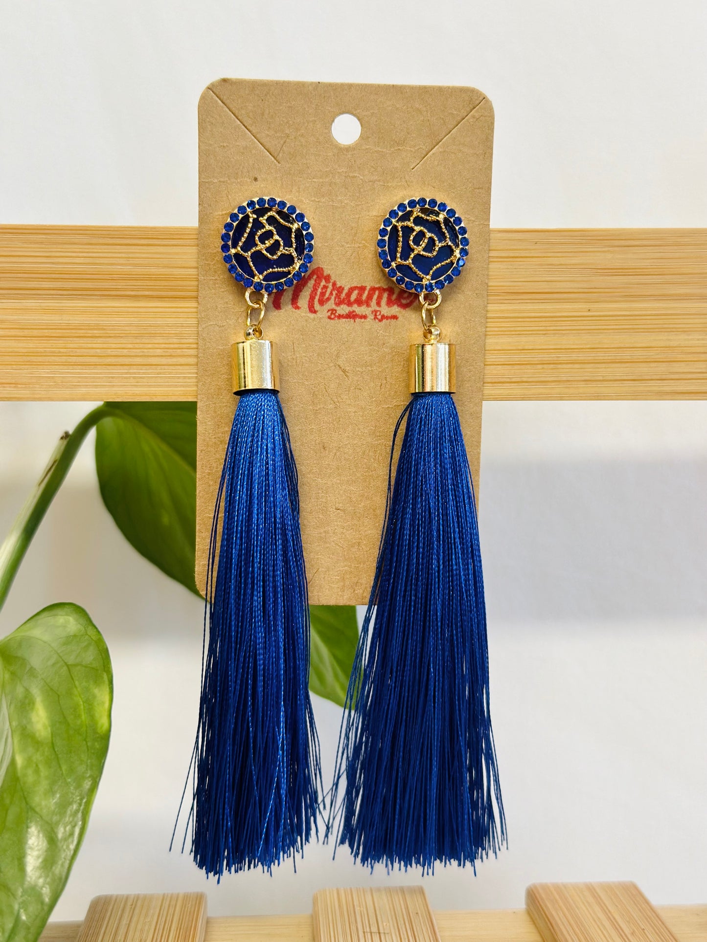 Tassel Earrings with Flower Detail on Stud blue and black