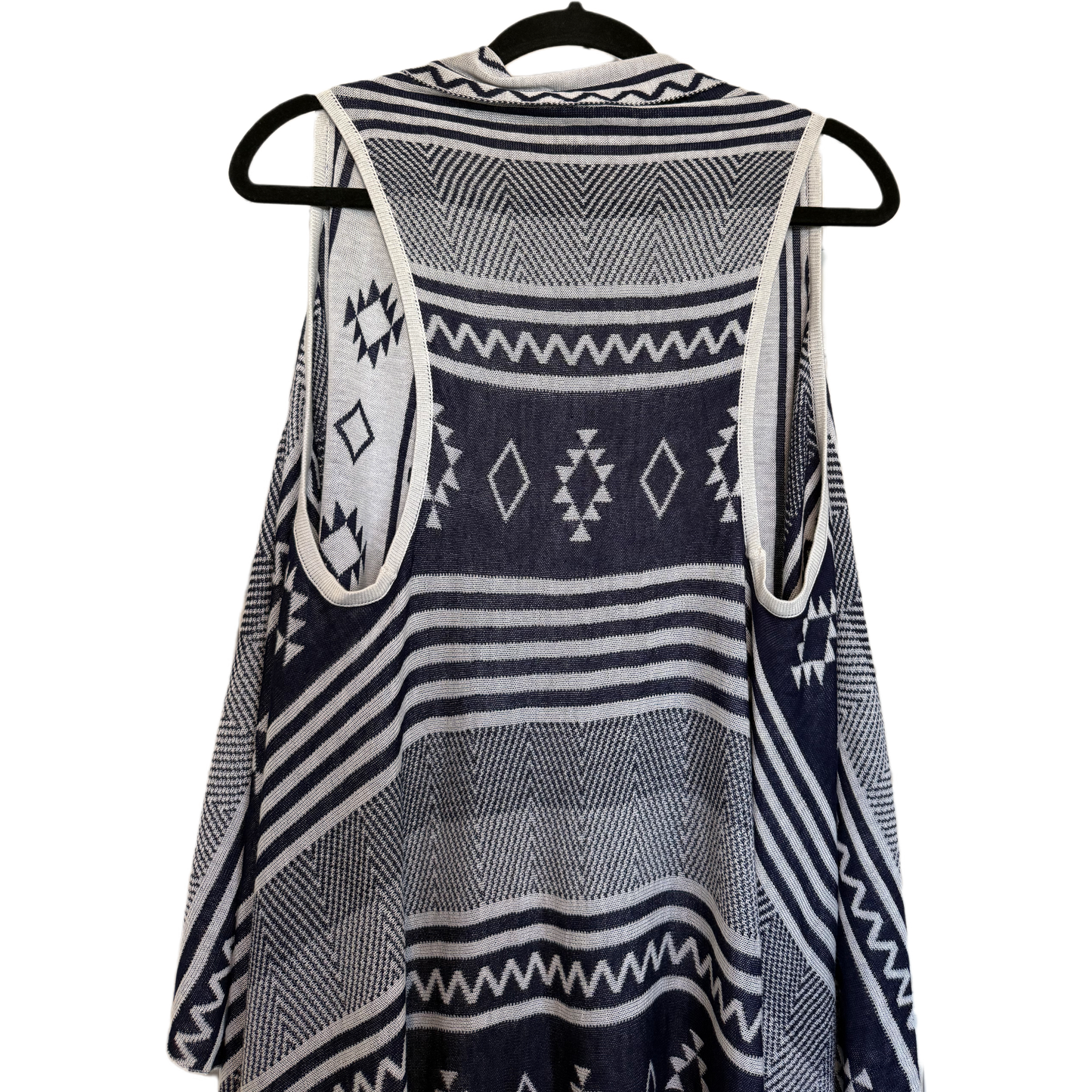 Boho Tribal Longline Fringe Vest | Blue & White Asymmetric Cardigan