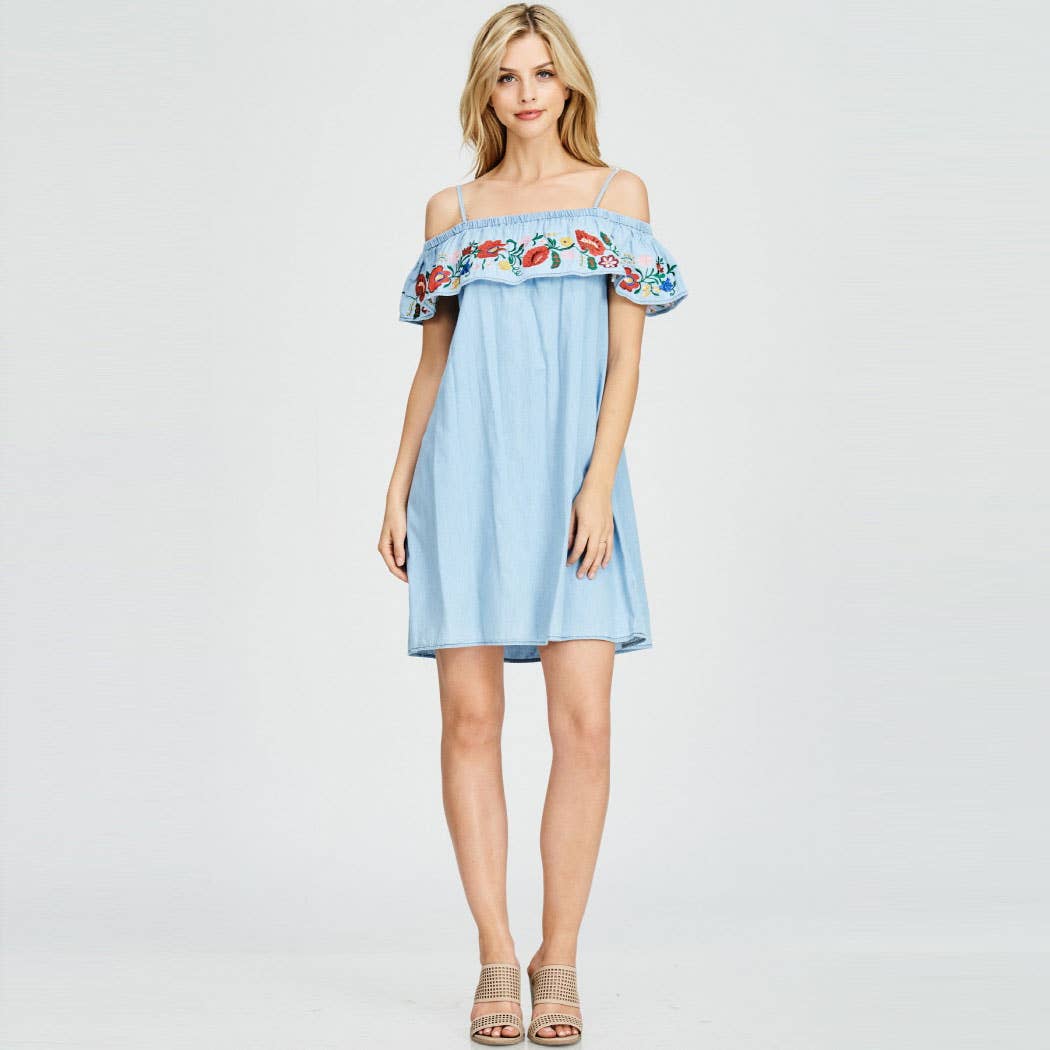 Embroidered Chambray Off Shoulder Dress - Descendencia Latina