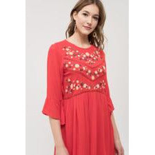 Red 3/4 Sleeve Embroidered Dress - Descendencia Latina