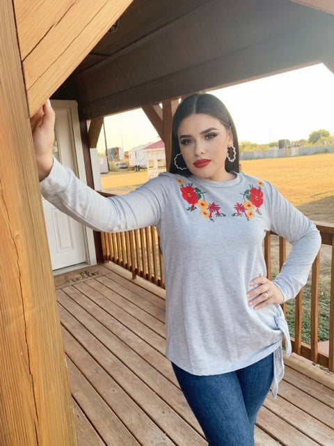 Grey Embroidered Top with Knot Detail