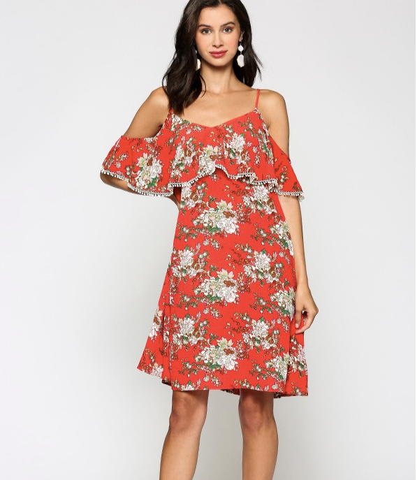 Orange Floral Off-shoulder Spring Dress