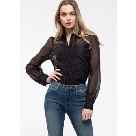 Black Sheer Embroidered Button-up Shirt