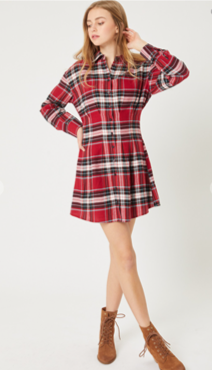 Classic Red Plaid Button-Up Dress | Cinched Waist A-Line Shirt Dress