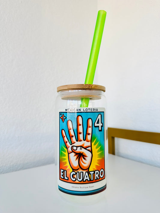 Glass cup with lid and "El 4" Mexican Loteria Card Design