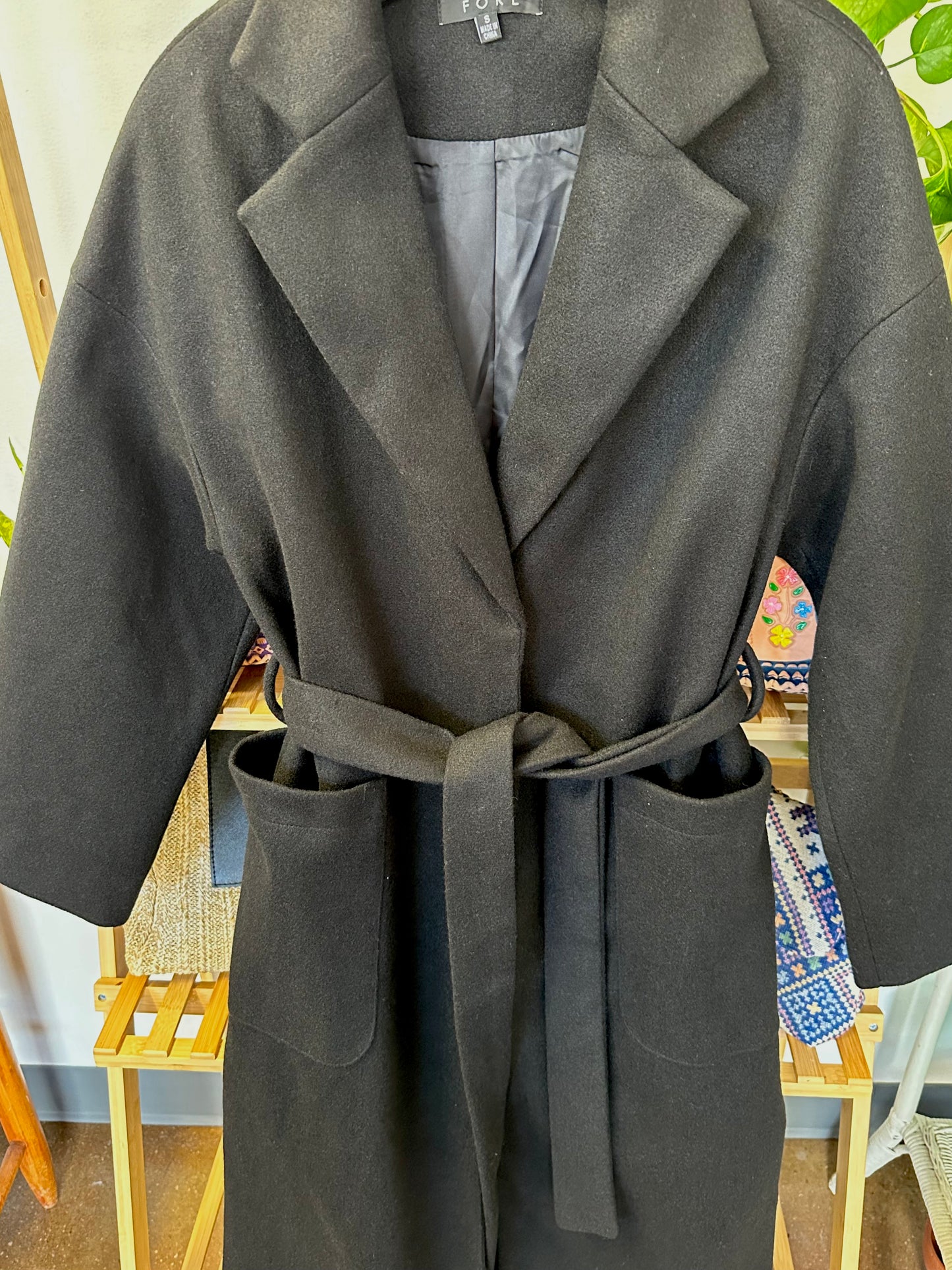 Black faux wool long coat