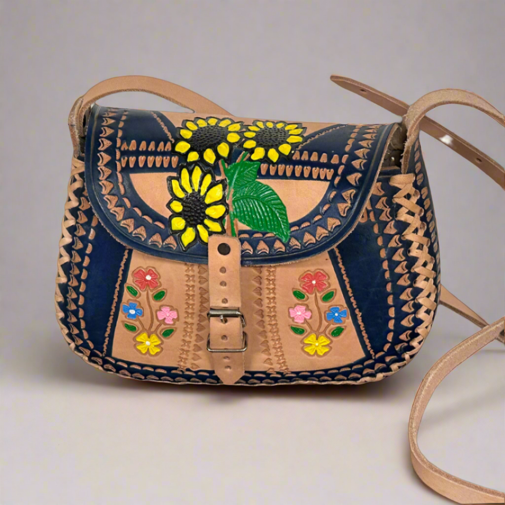 Mexican Leather Stitched Floral Embossed Purse Dark Blue Purse