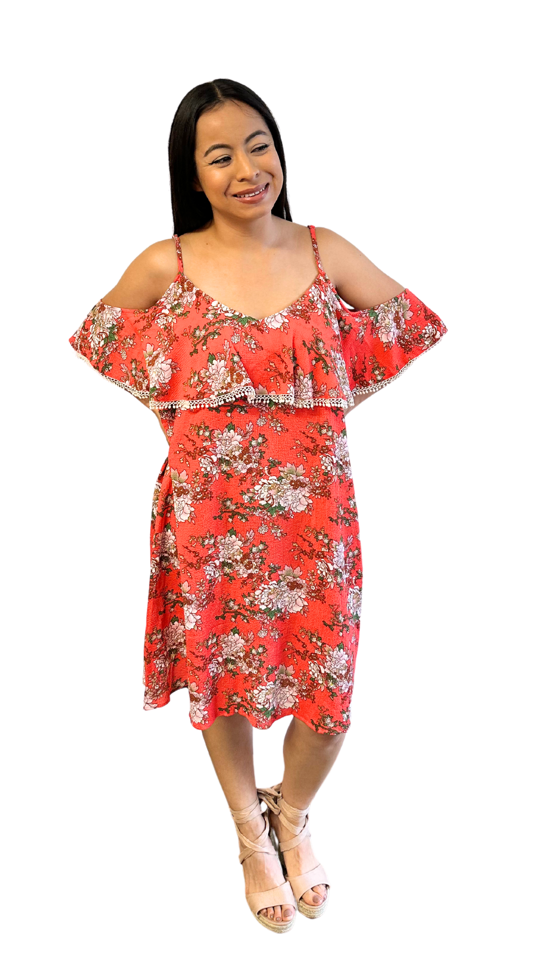 Orange Floral Off-shoulder Spring Dress