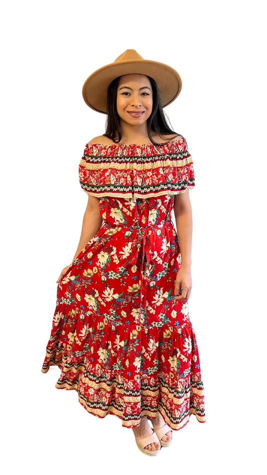 Red and Yellow Floral Printed Off Shoulder Maxi Dress