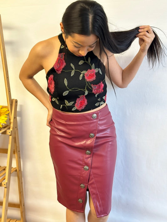 Wine Red Button Detail Leather Skirt