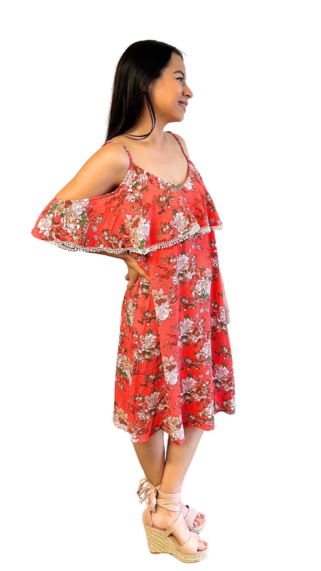 Orange Floral Off-shoulder Spring Dress