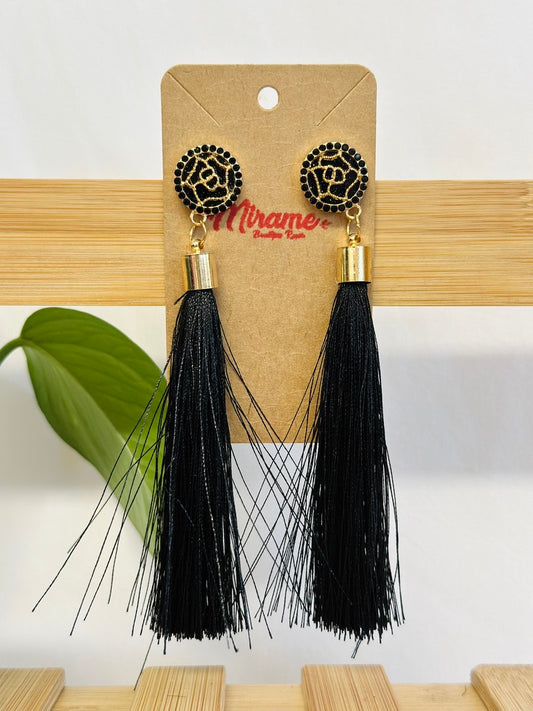 Tassel Earrings with Flower Detail on Stud blue and black