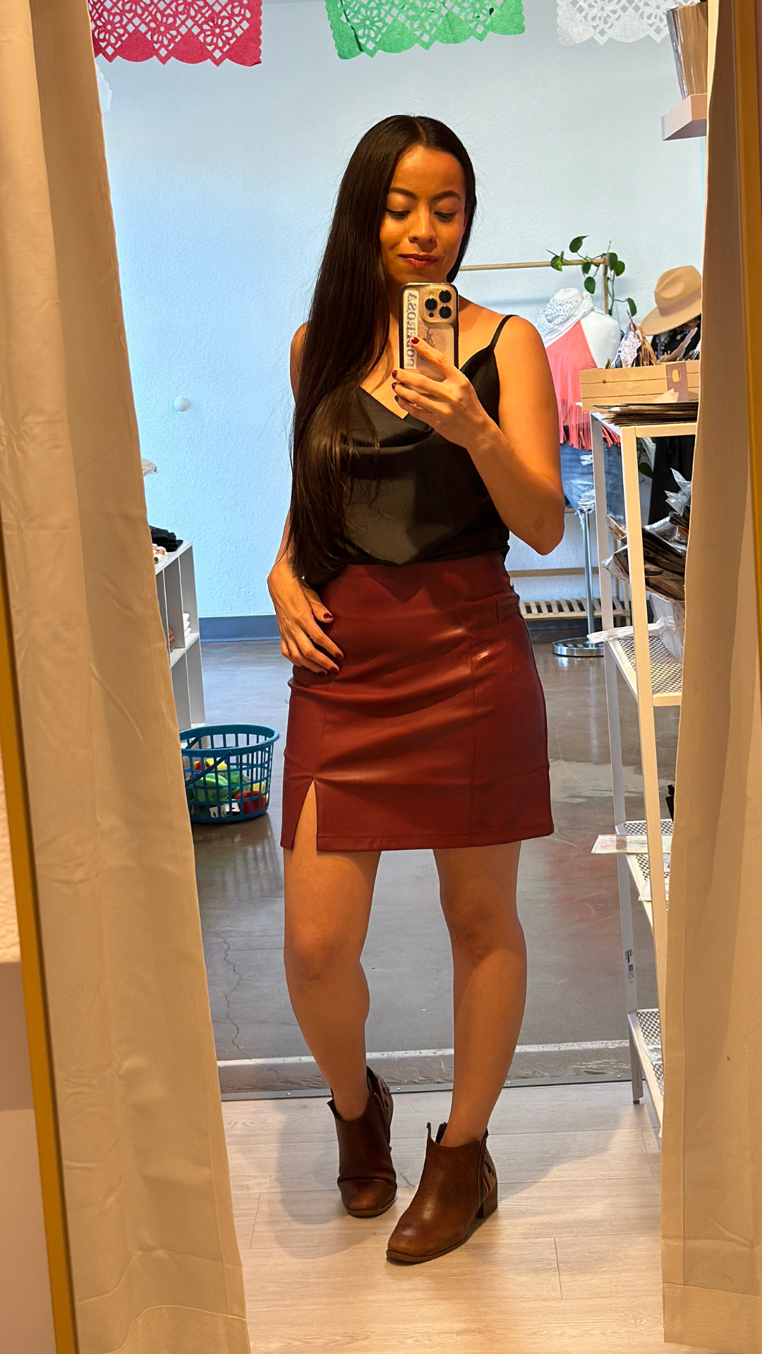 Red Wine Leather Skirt