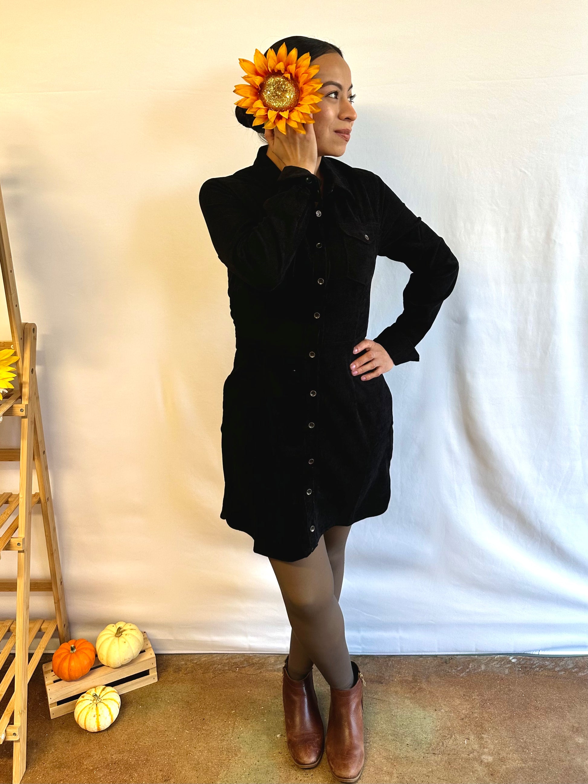 black corduroy shirt dress Needles - Women's Fringe Open Collar Shirt Dress - Black - Rayon Corduroy