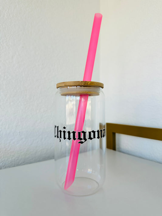 Glass can shape cup with lid and CHINGONA design