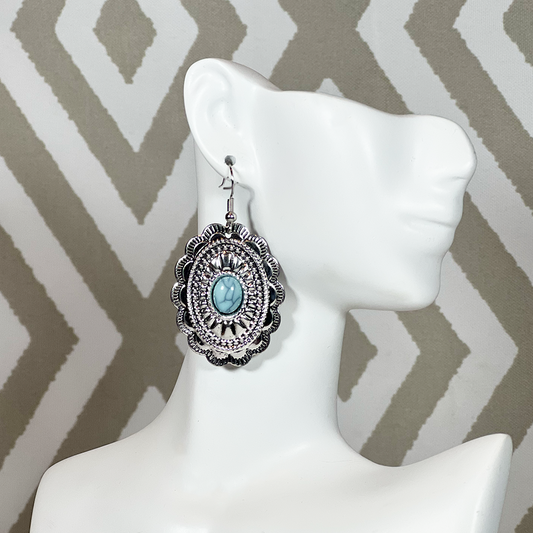 Tooled Silver Earring with Turquoise Drop