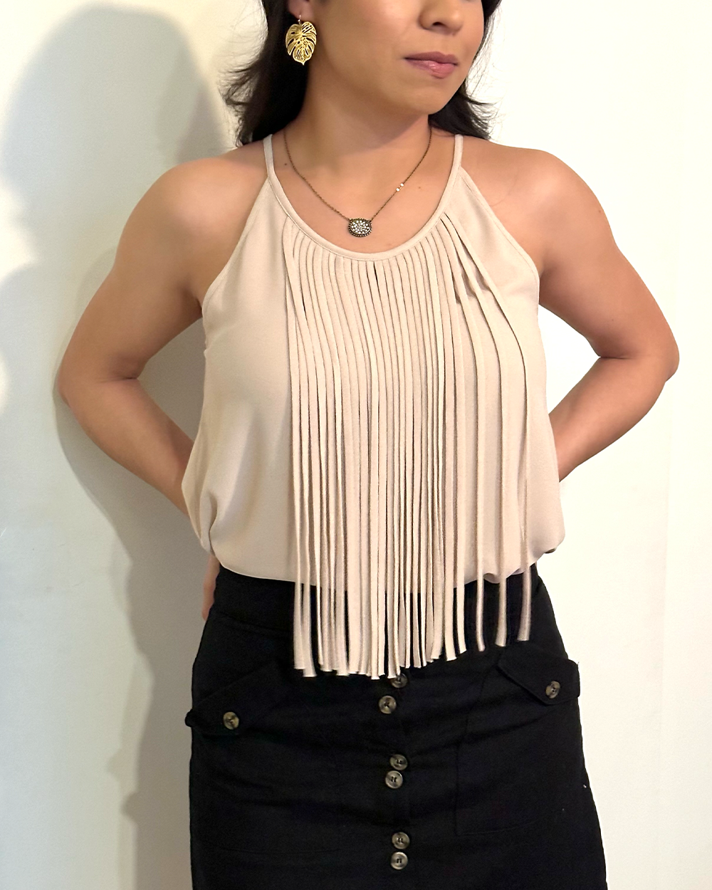 Fringe Beige Top with Racerback Design