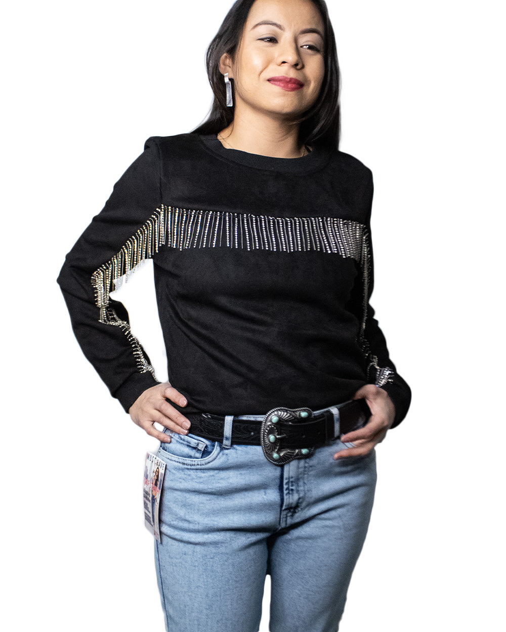 Black Suede Sweater with diamond fringe detail