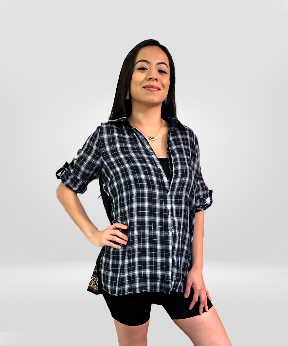 Blue Plaid Button-up with velvet and embroidered design.