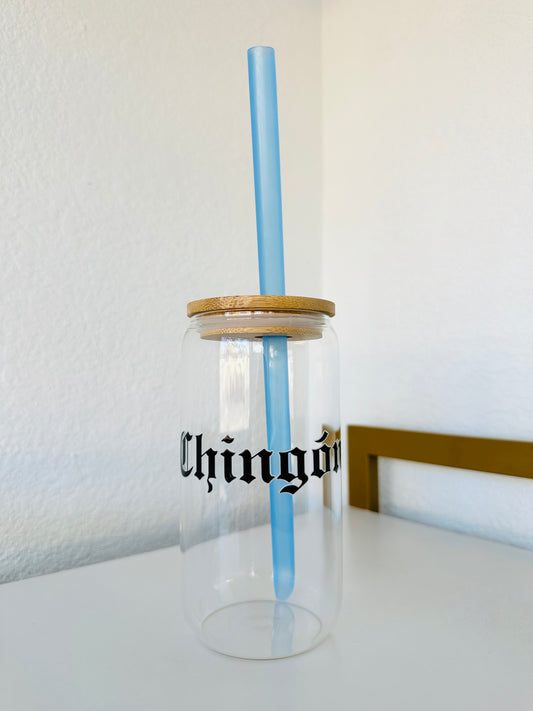 Glass can shape cup with lid and CHINGON design