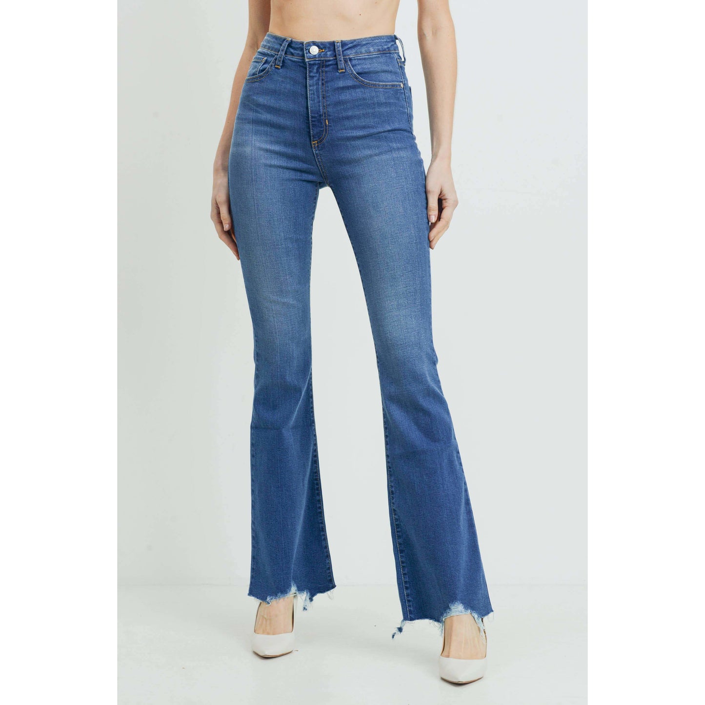 Just Black Denim Women's High Rise Flare Jeans with Ripped Hem Detail - Made in USA, Medium Wash (Style BP297J)