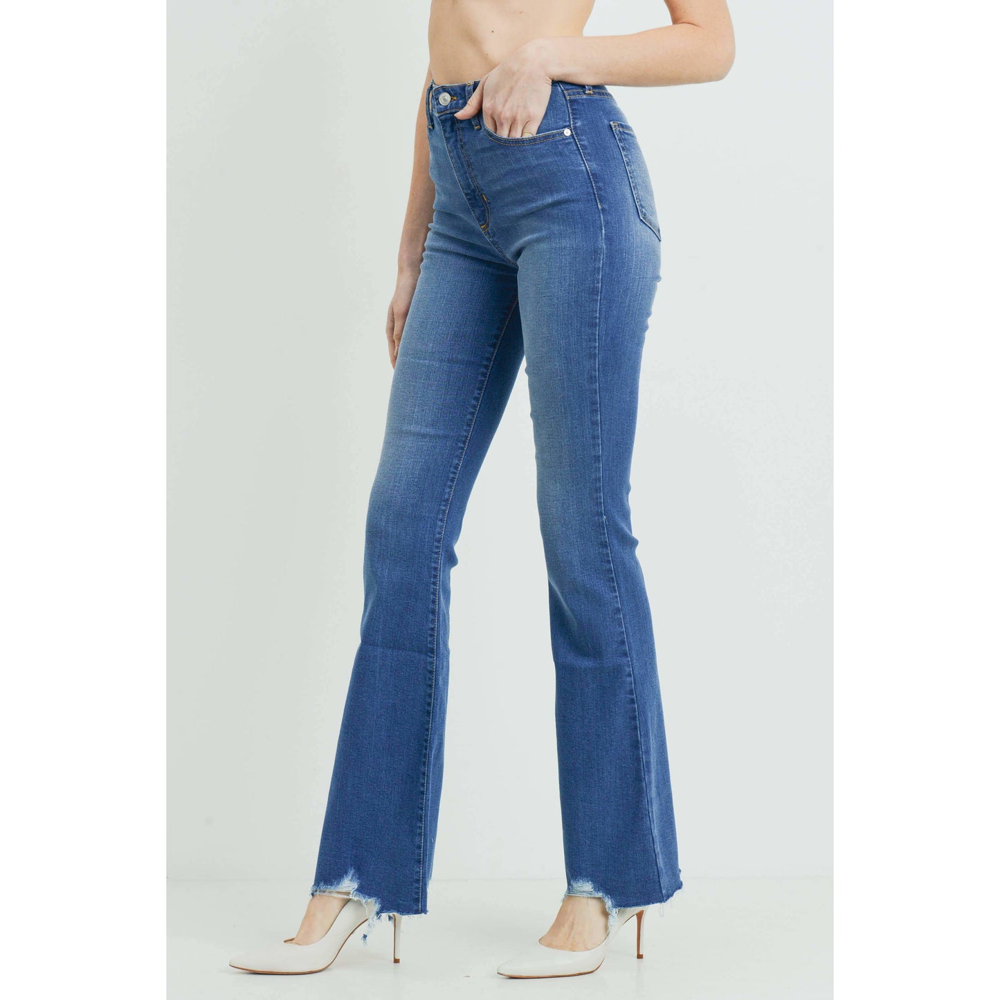 Just Black Denim Women's High Rise Flare Jeans with Ripped Hem Detail - Made in USA, Medium Wash (Style BP297J)