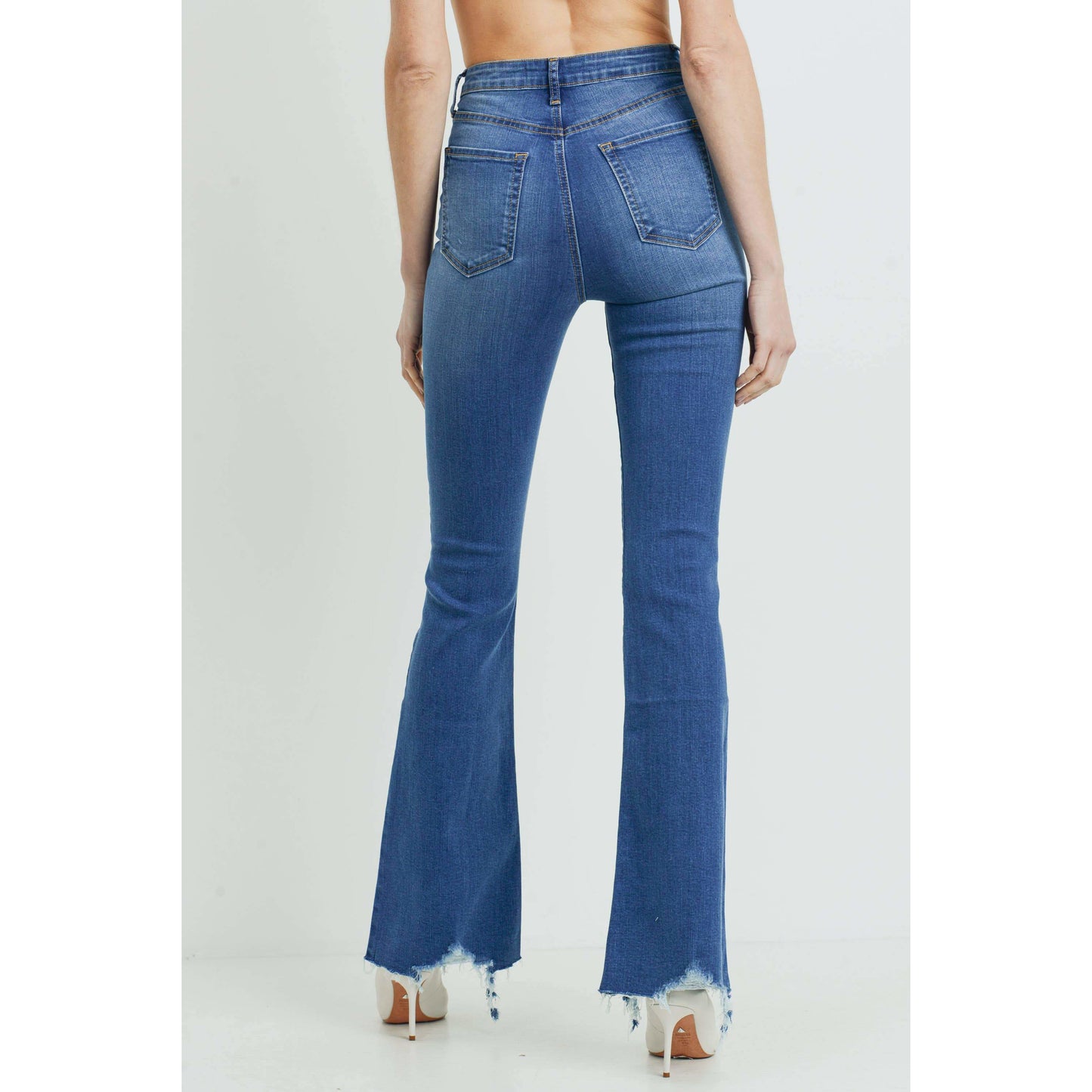 Just Black Denim Women's High Rise Flare Jeans with Ripped Hem Detail - Made in USA, Medium Wash (Style BP297J)