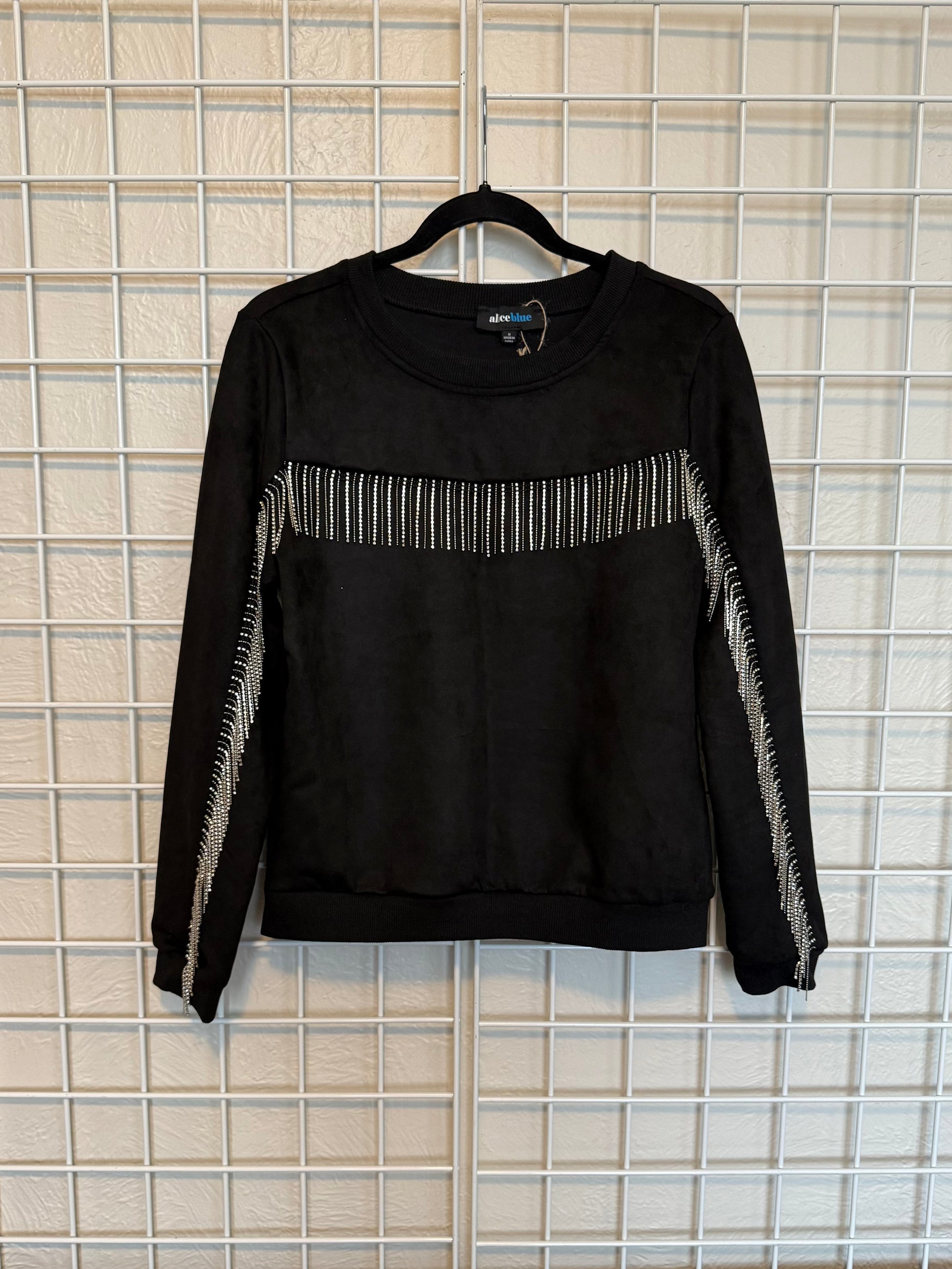 Cowgirl Black Suede Sweater with diamond fringe detail - Descendencia Latina