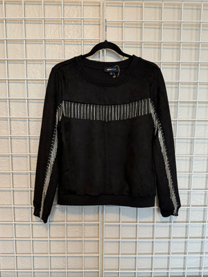 Cowgirl Black Suede Sweater with diamond fringe detail