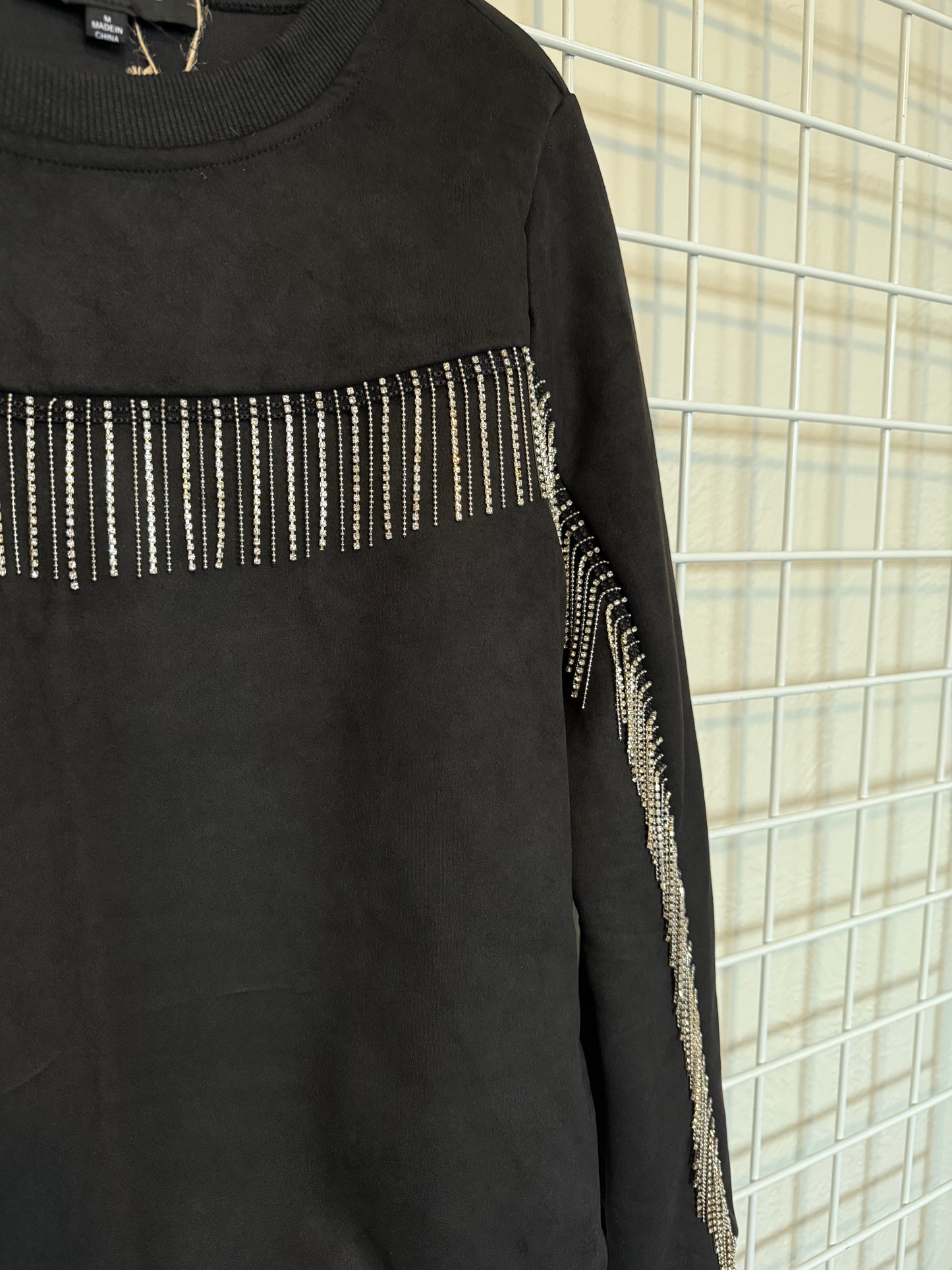 Cowgirl Black Suede Sweater with diamond fringe detail - Descendencia Latina