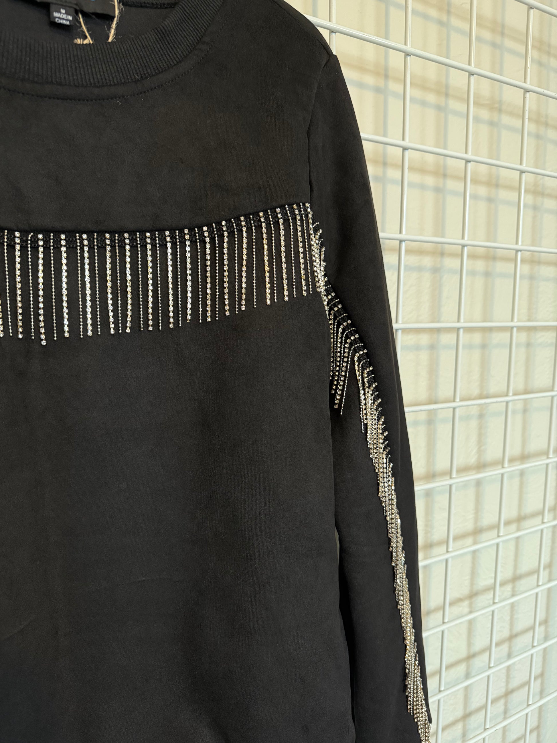 Cowgirl Black Suede Sweater with diamond fringe detail - Descendencia Latina