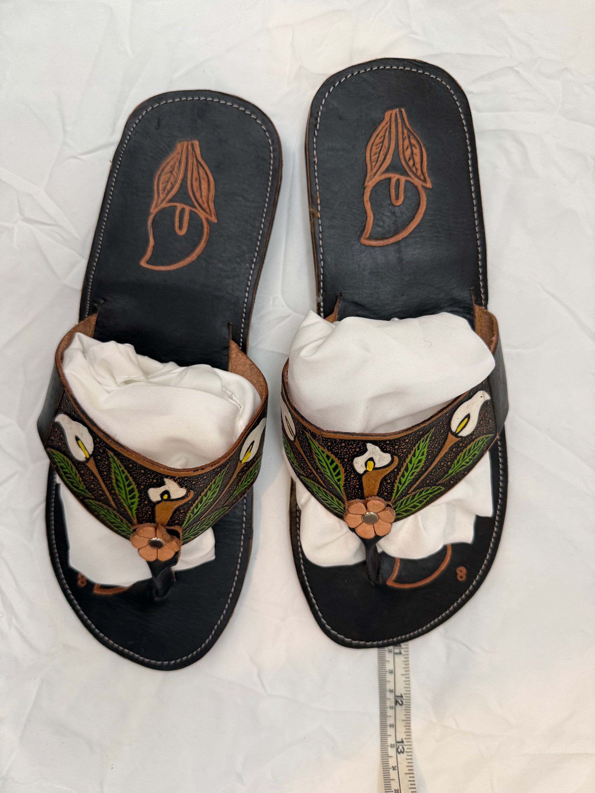 Artisan Mexican Calla Lily Hand-Tooled & Hand-Painted Genuine Leather Sandals — Women's Size 8 - Descendencia Latina