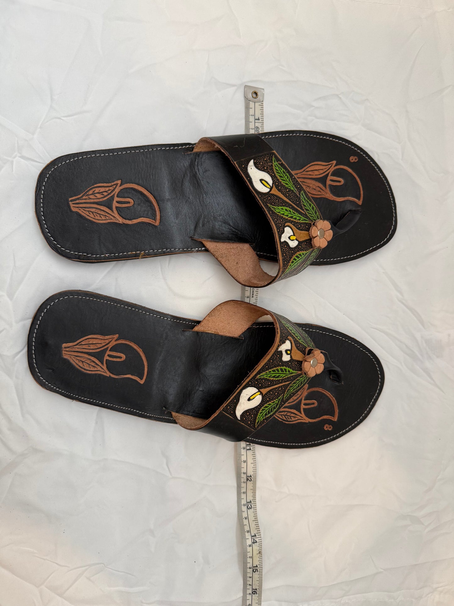 Artisan Mexican Calla Lily Hand-Tooled & Hand-Painted Genuine Leather Sandals — Women's Size 8 - Descendencia Latina