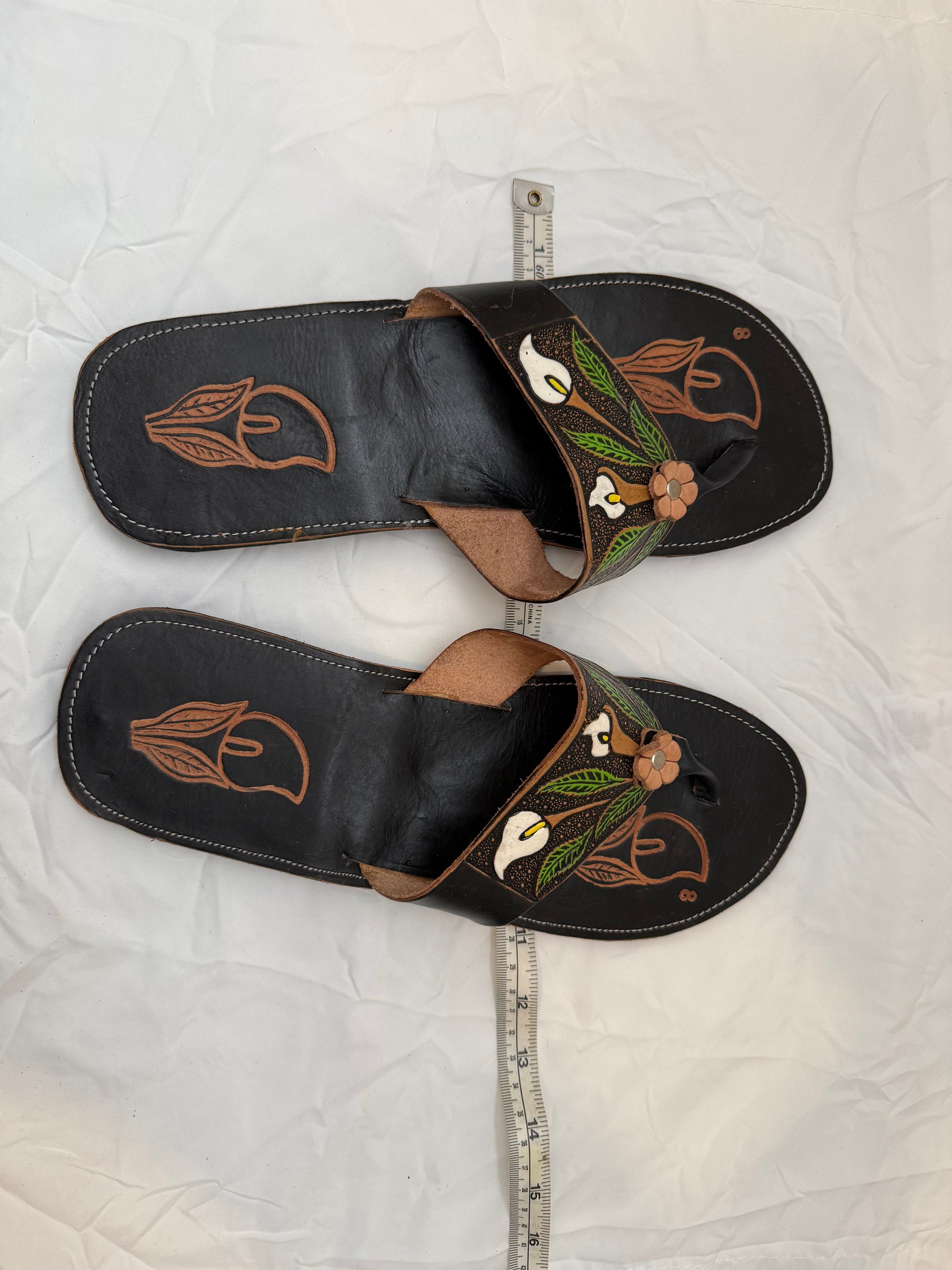 Artisan Mexican Calla Lily Hand-Tooled & Hand-Painted Genuine Leather Sandals — Women's Size 8 - Descendencia Latina