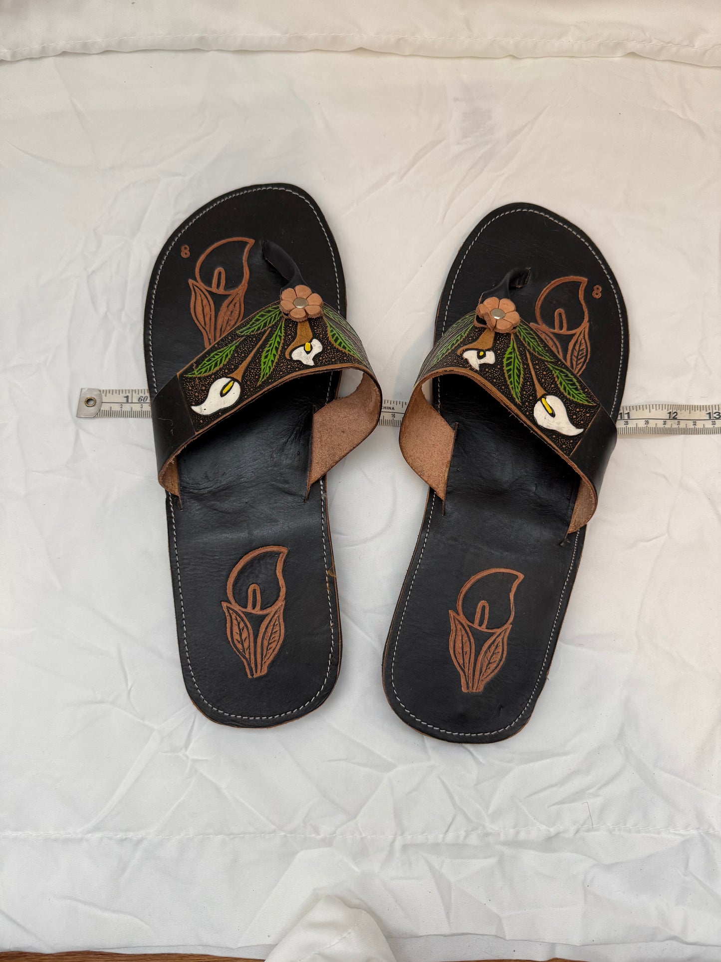 Artisan Mexican Calla Lily Hand-Tooled & Hand-Painted Genuine Leather Sandals — Women's Size 8 - Descendencia Latina