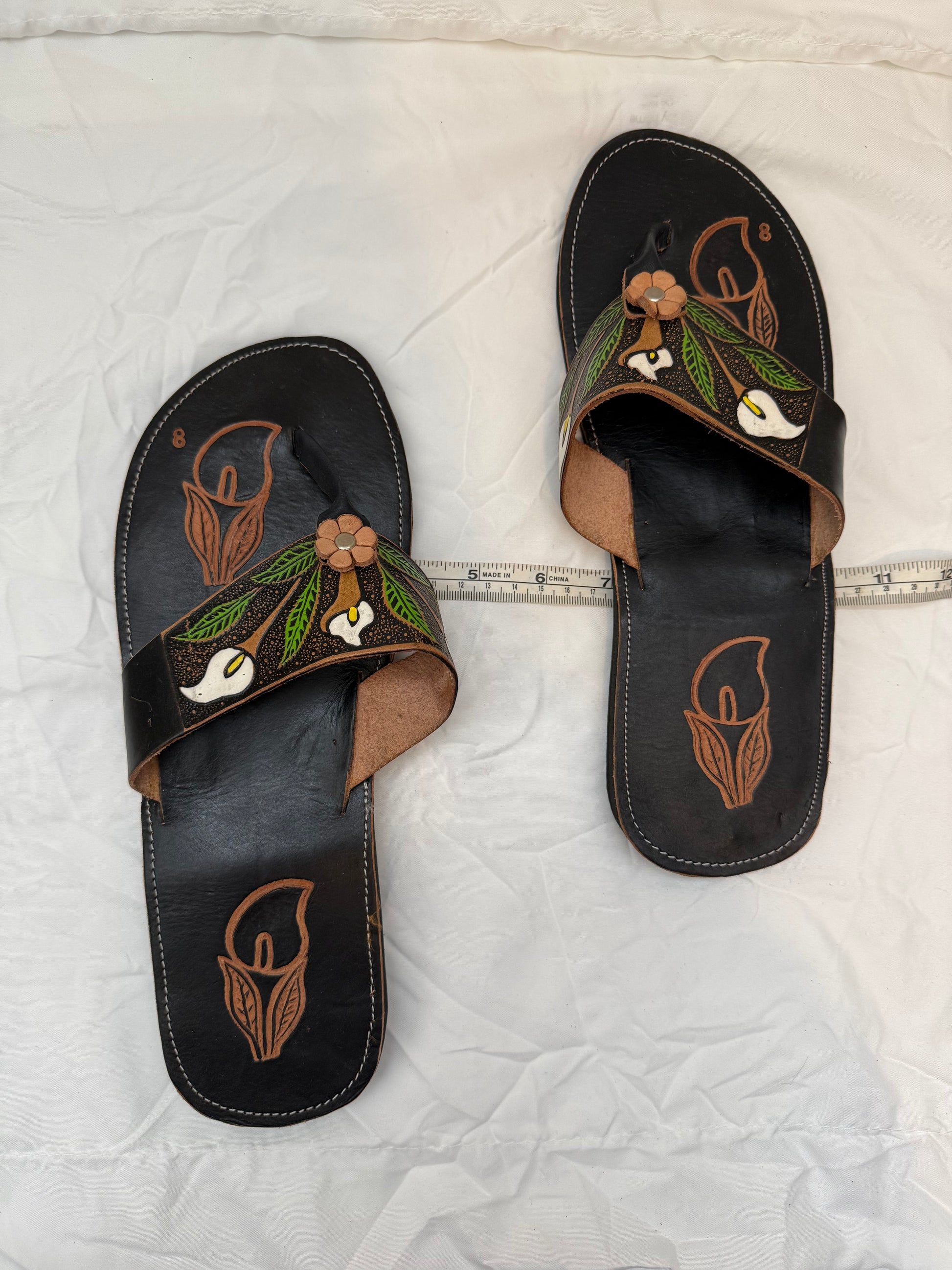 Artisan Mexican Calla Lily Hand-Tooled & Hand-Painted Genuine Leather Sandals — Women's Size 8 - Descendencia Latina