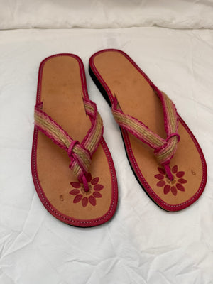 Mexican Artisan Jute Rope & Leather Thong Sandals — Hot Pink Trim — Women's Size 9 — Handmade in México