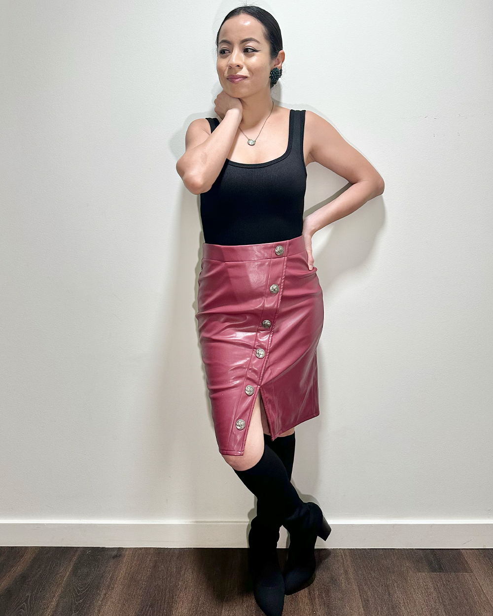 Wine Red Button Detail Leather Skirt