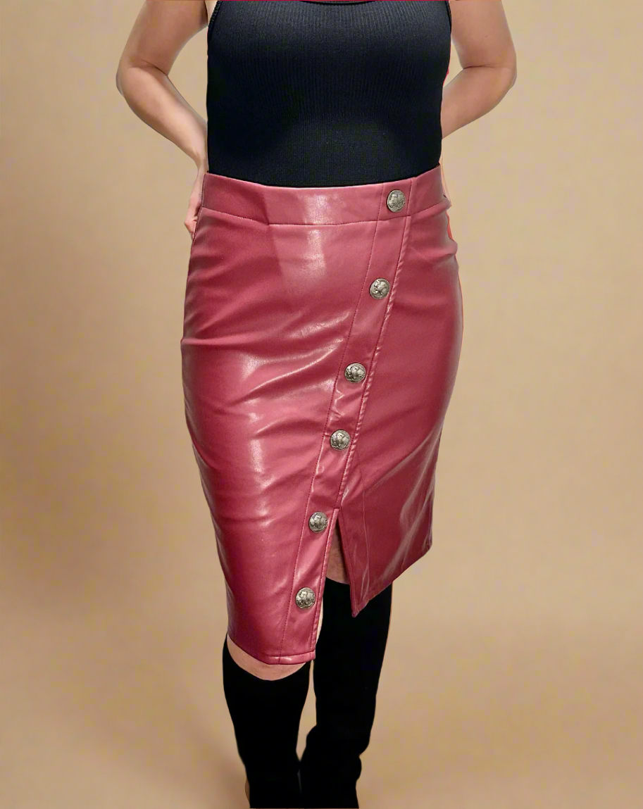 Wine Red Button Detail Leather Skirt