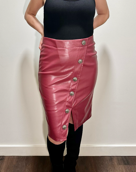 Wine Red Button Detail Leather Skirt