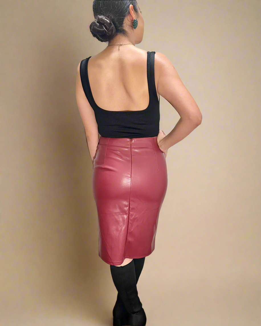 Wine Red Button Detail Leather Skirt