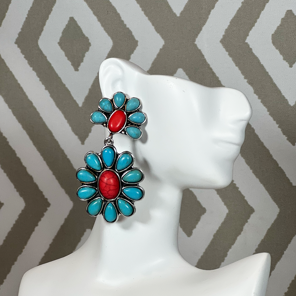 Turquoise and Red Stone Dangling Earrings